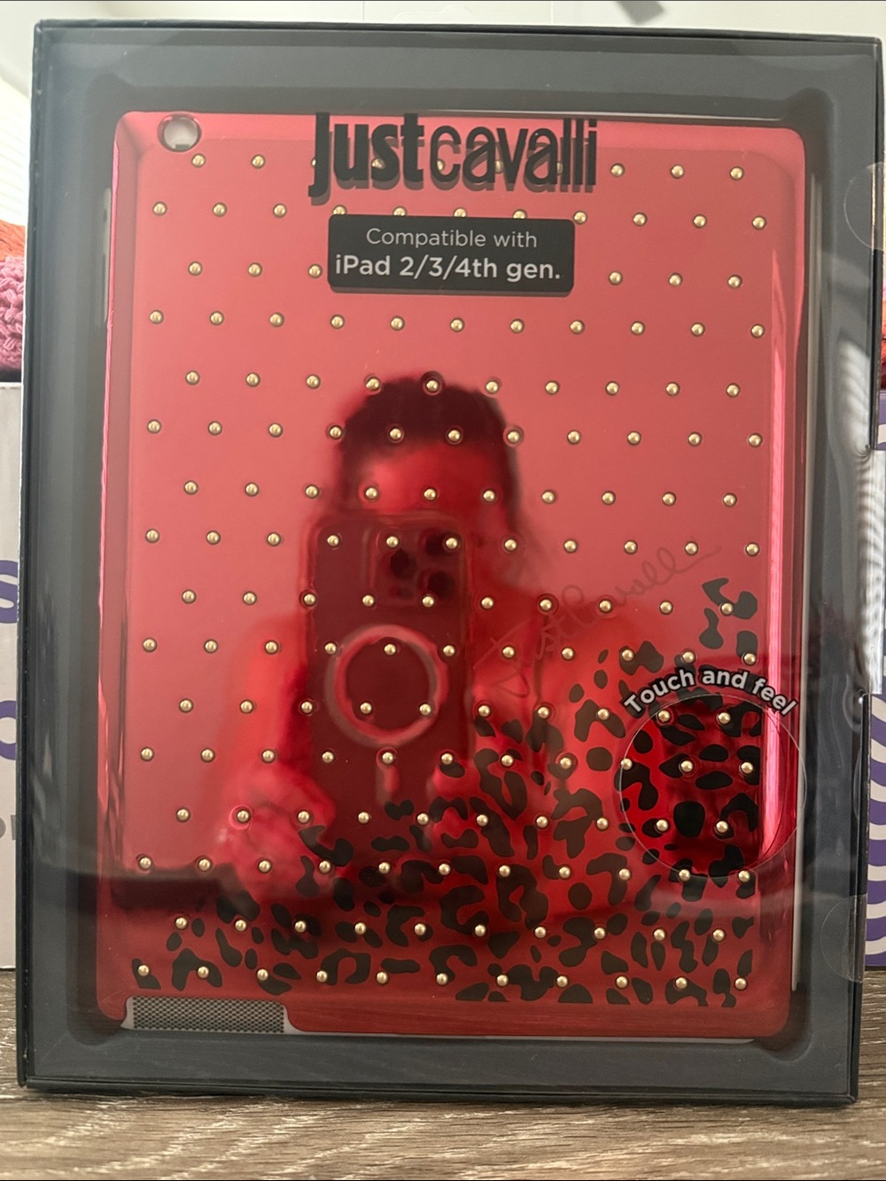 Just Cavalli Red and Black Studded iPad Case with Leopard Accent iPad 2/3/4th ge